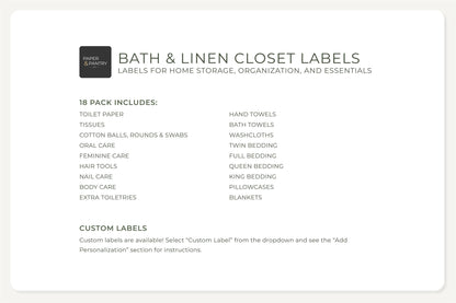Bath & Linen Closet Labels - Minimal Design